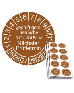 Prüfplakette geprüft gem. BetrSichV §14, DGUV 52 - Nächster Prüftermin - 2025, Ø 30mm, 10/Bogen, in Jahresfarbe