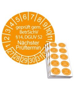 Prüfplakette geprüft gem. BetrSichV §14, DGUV 52 - Nächster Prüftermin - 2027, Ø 30mm, 10/Bogen, in Jahresfarbe