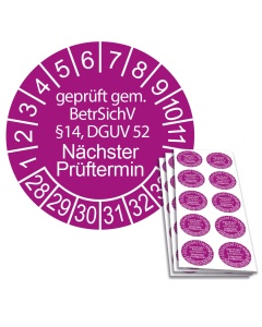 Prüfplakette geprüft gem. BetrSichV §14, DGUV 52 - Nächster Prüftermin - 2028, Ø 30mm, 10/Bogen, in Jahresfarbe