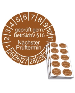 Prüfplakette geprüft gem. BetrSichV §16 - Nächster Prüftermin - 2025, Ø 30mm, 10/Bogen, in Jahresfarbe
