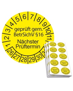 Prüfplakette geprüft gem. BetrSichV §16 - Nächster Prüftermin - 2026, Ø 30mm, 10/Bogen, in Jahresfarbe