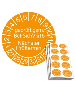 Prüfplakette geprüft gem. BetrSichV §16 - Nächster Prüftermin - 2027, Ø 30mm, 10/Bogen, in Jahresfarbe