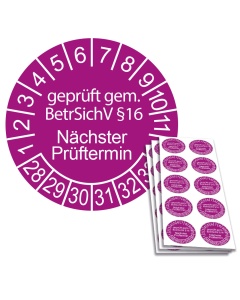 Prüfplakette geprüft gem. BetrSichV §16 - Nächster Prüftermin - 2028, Ø 30mm, 10/Bogen, in Jahresfarbe