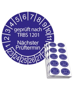 Prüfplakette geprüft nach TRBS 1201 - Nächster Prüftermin - 2023, Ø 30mm, 10/Bogen, in Jahresfarbe