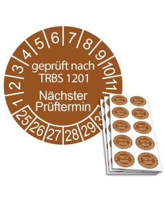 Prüfplakette geprüft nach TRBS 1201 - Nächster Prüftermin - 2025, Ø 30mm, 10/Bogen, in Jahresfarbe
