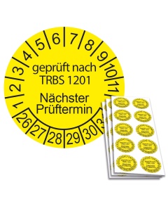 Prüfplakette geprüft nach TRBS 1201 - Nächster Prüftermin - 2026, Ø 30mm, 10/Bogen, in Jahresfarbe