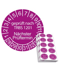 Prüfplakette geprüft nach TRBS 1201 - Nächster Prüftermin - 2028, Ø 30mm, 10/Bogen, in Jahresfarbe