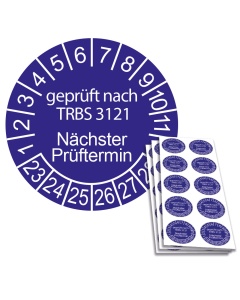 Prüfplakette geprüft nach TRBS 3121 - Nächster Prüftermin - 2023, Ø 30mm, 10/Bogen, in Jahresfarbe