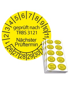 Prüfplakette geprüft nach TRBS 3121 - Nächster Prüftermin - 2026, Ø 30mm, 10/Bogen, in Jahresfarbe