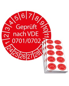 Prüfplakette "Geprüft nach VDE 0701/0702", Einzelabbildung und Abbildung auf 10er Bogen