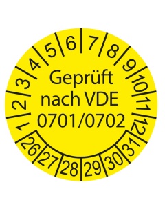 Prüfplakette Geprüft nach VDE 0701/0702 - 2026, Ø 30mm, 10/Bogen, in Jahresfarbe