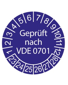Prüfplakette Geprüft nach VDE 0701 - 2023, Ø 30mm, 10/Bogen, in Jahresfarbe