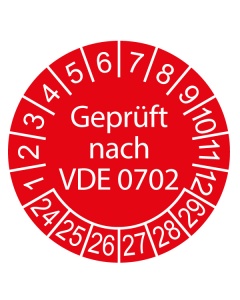 Prüfplakette Geprüft nach VDE 0702 - 2024, Ø 30mm, 10/Bogen, in Jahresfarbe