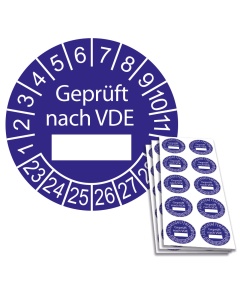 Prüfplakette "Geprüft nach VDE " mit Beschriftungsfeld, Einzelabbildung und Abbildung auf 10er Bogen