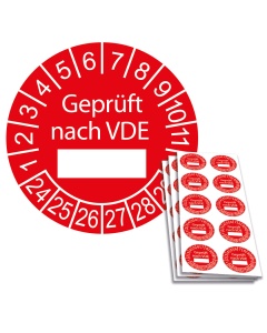 Prüfplakette "Geprüft nach VDE " mit Beschriftungsfeld, Einzelabbildung und Abbildung auf 10er Bogen