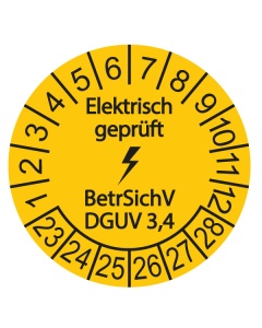 Prüfplakette Elektrisch geprüft - BetrSichV DGUV 3,4 - 2023, Ø 30mm, 10/Bogen