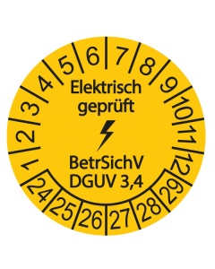 Prüfplakette Elektrisch geprüft - BetrSichV DGUV 3,4 - 2024, Ø 30mm, 10/Bogen