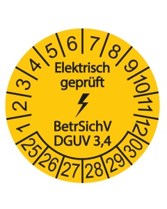 Prüfplakette Elektrisch geprüft - BetrSichV DGUV 3,4 - 2025, Ø 30mm, 10/Bogen