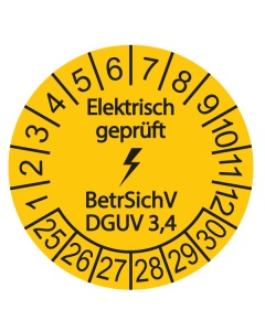 Prüfplakette Elektrisch geprüft - BetrSichV DGUV 3,4 - 2025, Ø 30mm, 10/Bogen