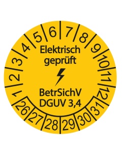 Prüfplakette Elektrisch geprüft - BetrSichV DGUV 3,4 - 2026, Ø 30mm, 10/Bogen