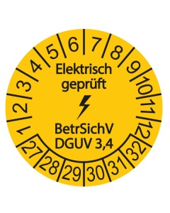 Prüfplakette Elektrisch geprüft - BetrSichV DGUV 3,4 - 2027, Ø 30mm, 10/Bogen