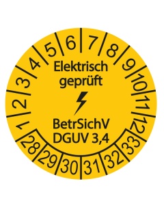 Prüfplakette Elektrisch geprüft - BetrSichV DGUV 3,4 - 2028, Ø 30mm, 10/Bogen