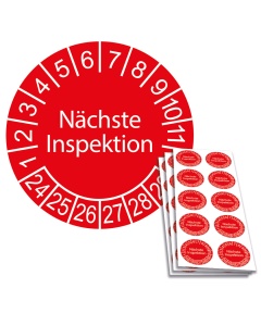 Prüfplakette Nächste Inspektion 2024, Ø 30mm, 10/Bogen, in Jahresfarbe