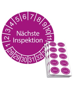 Prüfplakette Nächste Inspektion 2028, Ø 30mm, 10/Bogen, in Jahresfarbe