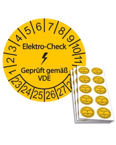 Prüfplakette "Elektro-Check Geprüft gemäß VDE" - Einzelabbildung und Abbildung auf 10er Bogen