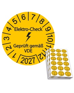 Prüfplakette Elektro-Check - Geprüft gemäß VDE - Jahresplakette 2027, Ø 20mm, 18/Bogen