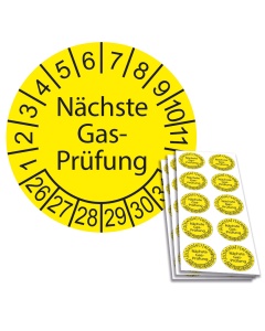Prüfplakette Nächste Gas-Prüfung 2026, Ø 30mm, 10/Bogen, in Jahresfarbe