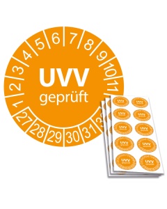 Prüfplakette UVV geprüft 2027, Ø 30mm, 10/Bogen, in Jahresfarbe