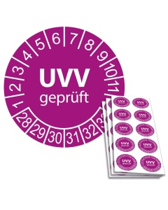 Prüfplakette UVV geprüft 2028, Ø 30mm, 10/Bogen, in Jahresfarbe